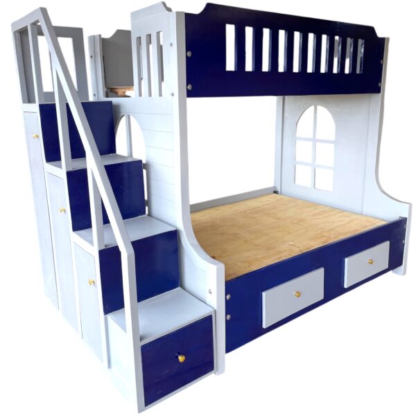 White and blue bunk double decker bed